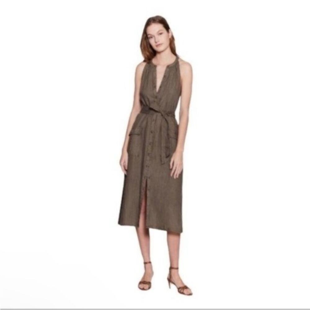 JOIE Edelie Tie Waist Sleeveless Linen Dress - Green - Large Lagenlook - Picture 4 of 15
